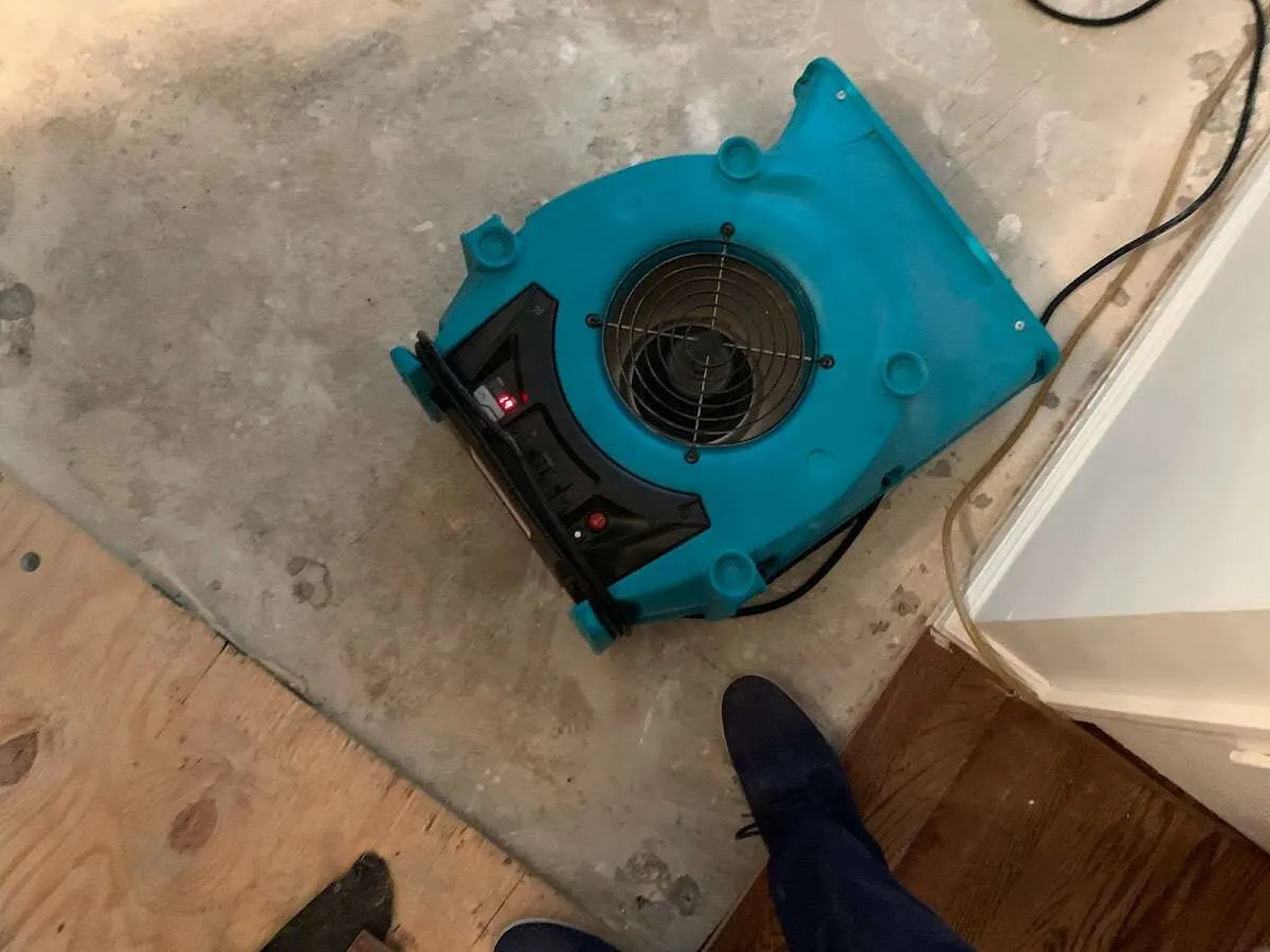 Air mover drying subfloor during Commercial Water Damage Restoration in Aberdeen